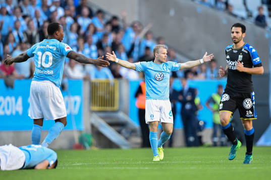 Malmö FFs Carlos Strandberg och Oscar Lewicki reagerar