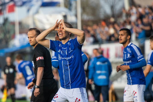 Mikkel Agger of Sarpsborg 08 celebrates scoring 1-0