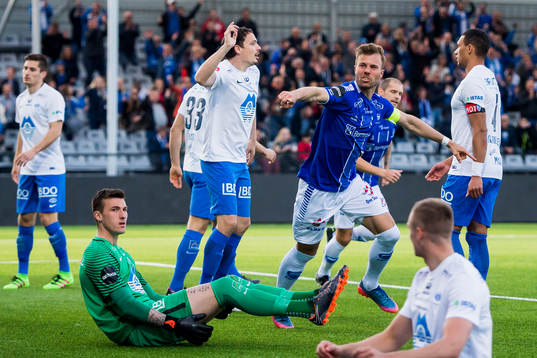 Patrick Mortensen of Sarpsborg 08 celebrates the 1-0 goal