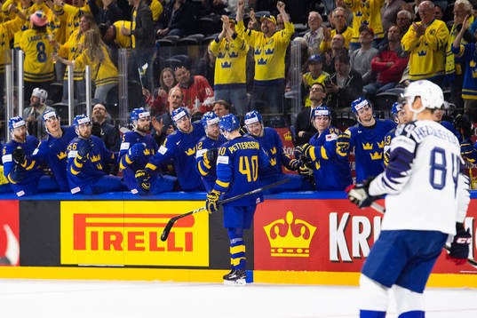Sveriges Elias Pettersson jublar med lagkamrater i båset