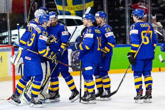Sveriges målvakt Anders Nilsson jublar med Oliver Ekman