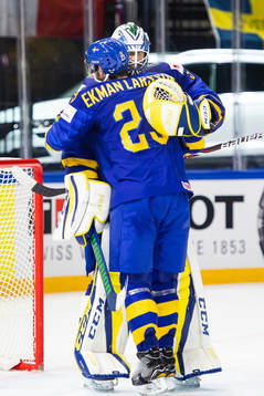 Sveriges målvakt Anders Nilsson jublar med Oliver Ekman