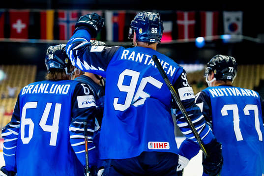 Markus Nutivaara of Finland celebrates with teammate Mikael