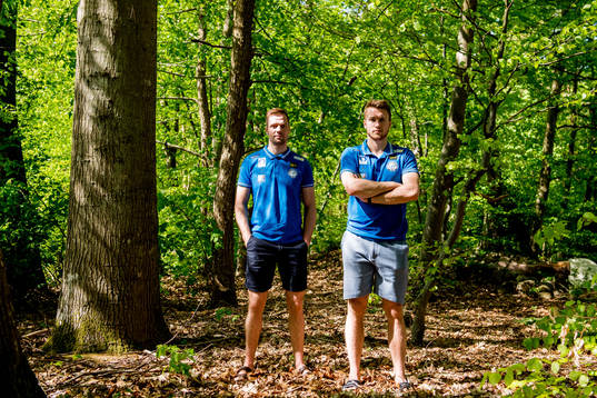 Goaltenders Lars Haugen and Henrik Haukeland of Norway pose