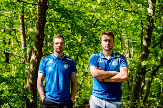 Goaltenders Lars Haugen and Henrik Haukeland of Norway pose