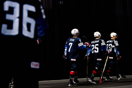 Derek Ryan, Blake Coleman and Alec Martinez of USA