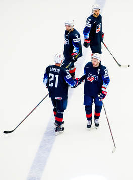 Dylan Larkin, Will Butcher, Alex DeBrincat and Patrick Kane