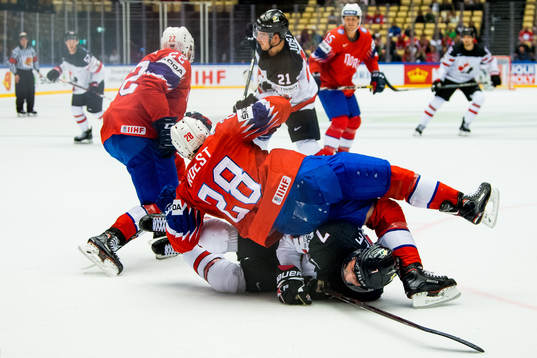 Niklas Roest of Norway and Jordan Eberle of Canada