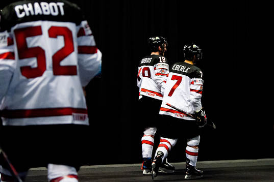 Thomas Chabot, Pierre-Luc Dubois and Jordan Eberle of Canada