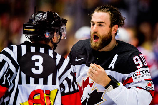 Ryan O’Reilly of Canada shows his teeth to the referee
