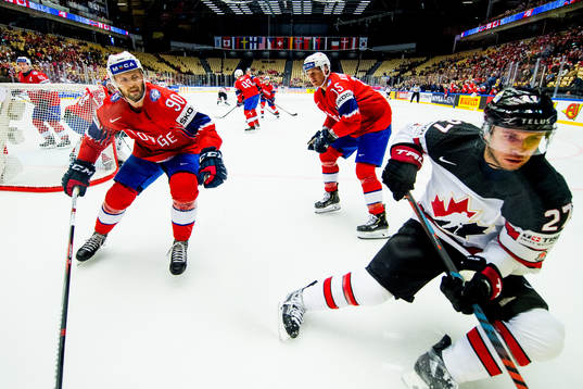 Daniel Sørvik of Norway and Ryan Murray of Canada