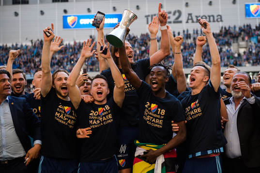 Djurgårdens spelare jublar med pokalen