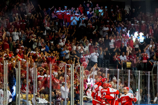 Nicklas Jensen of Denmark celebrates with teammates