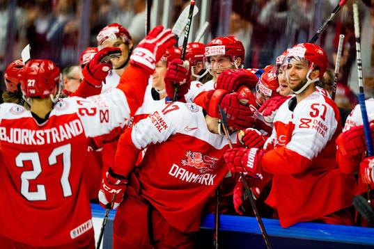 Nicklas Jensen of Denmark celebrates with teammates