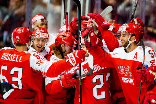 Nicklas Jensen of Denmark celebrates with teammates