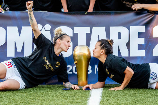 Rosengård Anja Mittag och Alexandra Lowe Riley med pokalen