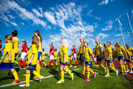Sveriges spelare går in på plan