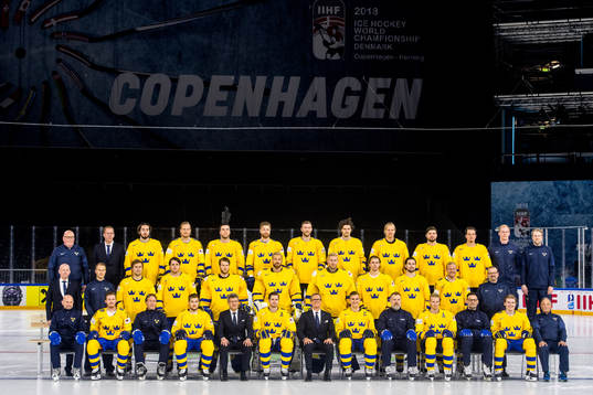 Sveriges spelare och ledare tar en lagbild