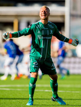 Goalkeeper Aslak Falch of Sarpsborg 08 celebrates 2-0