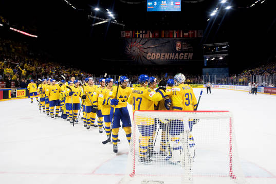 Sveriges målvakt Anders Nilsson jublar med lagkamrater