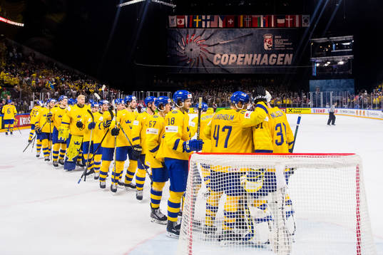 Sveriges spelare jublar med målvakt Anders Nilsson