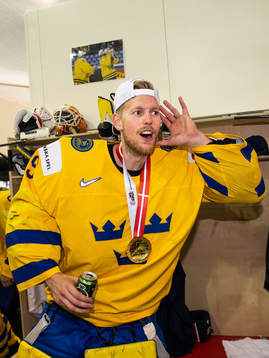 Sveriges målvakt Magnus Hellberg jublar i