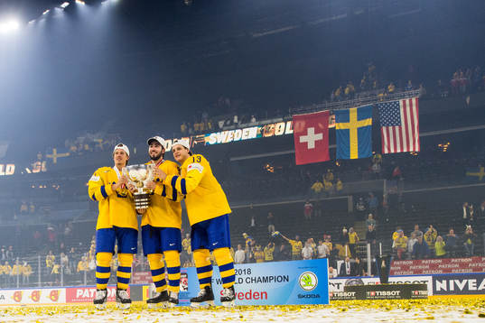 Sveriges Rickard Rakell, Mika Zibanejad och Mattias Janmark