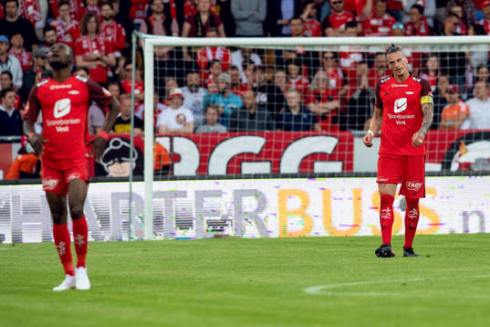 Gilbert Koomson and Vito Wormgoor of Brann look dejected