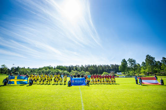 Sveriges spelare, domarna och Österrikes spelare vid line