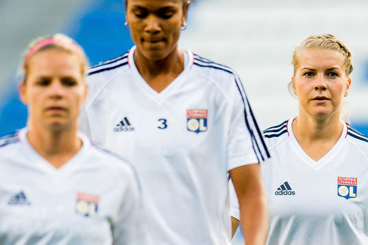 Eugénie Le Sommer, Wendie Renard and Ada Hegerberg of Lyon