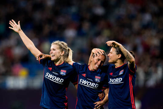 Ada Hegerberg, Camille Abily and Dzsenifer Marozsan of Lyon