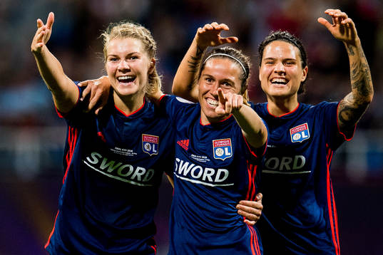 Ada Hegerberg, Camille Abily and Dzsenifer Marozsan of Lyon