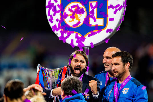 Reynald Pedros, head coach of Lyon, celebrates