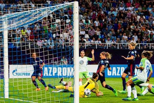 Eugénie Le Sommer of Lyon scores 2-1 in the extra-time