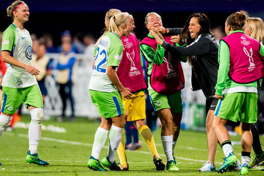 Pernille Harder of Wolfsburg celebrates with teammate Sara