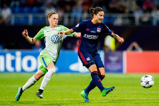 Ewa Pajor of Wolfsburg and Dzsenifer Marozsan of Lyon
