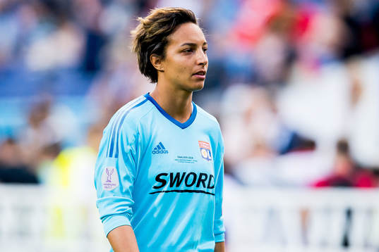 Goalkeeper Sarah Bouhaddi of Lyon at half-time