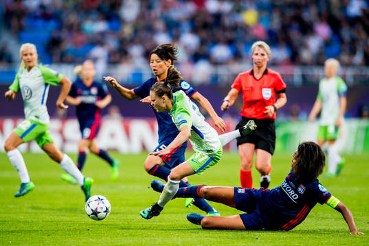 Ewa Pajor of Wolfsburg and Wendie Renard of Lyon