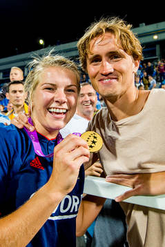 Ada Hegerberg of Lyon celebrates with her boyfriend Thomas