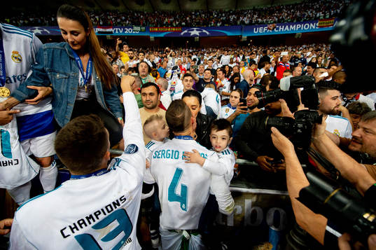Sergio Ramos of Real Madrid kisses his wife Pilar Rubio