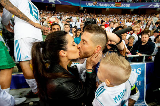 Sergio Ramos of Real Madrid kisses his wife Pilar Rubio
