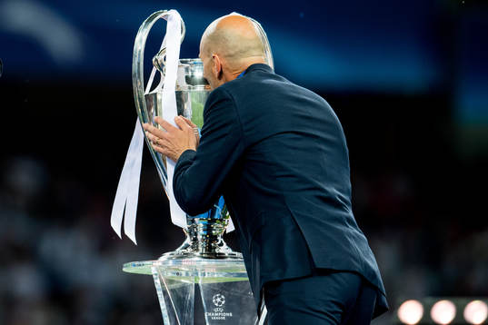 Zinedine Zidane, head coach of Real Madrid, kisses the