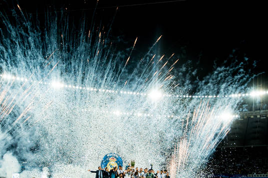 Players of Real Madrid celebrate winning the UEFA Champions
