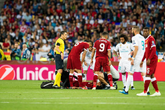 Mohamed Salah of Liverpool with an injury