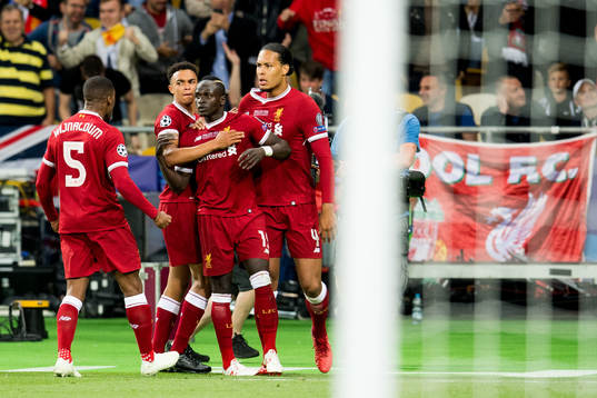 Sadio Mané celebrates with Georginio Wijnaldum, Trent