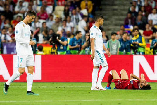 Mohamed Salah of Liverpool with an injury