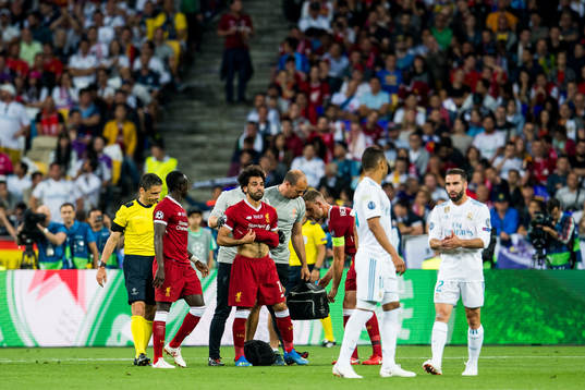 Mohamed Salah of Liverpool with an injury