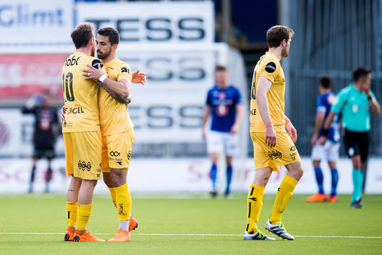 José Ángel and Isidoro of Bodø/Glimt celebrate the 3-0