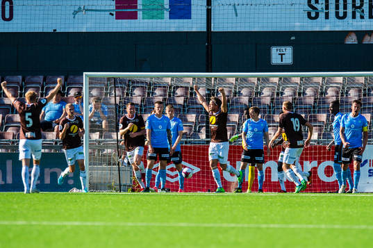 Sondre Solholm Johansen of Mjøndalen celebrates the 1-0