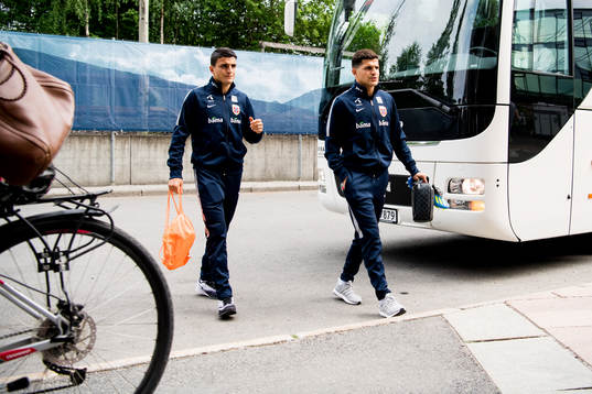 Mohamed Elyounoussi and Tarik Elyounoussi of Norway arrive